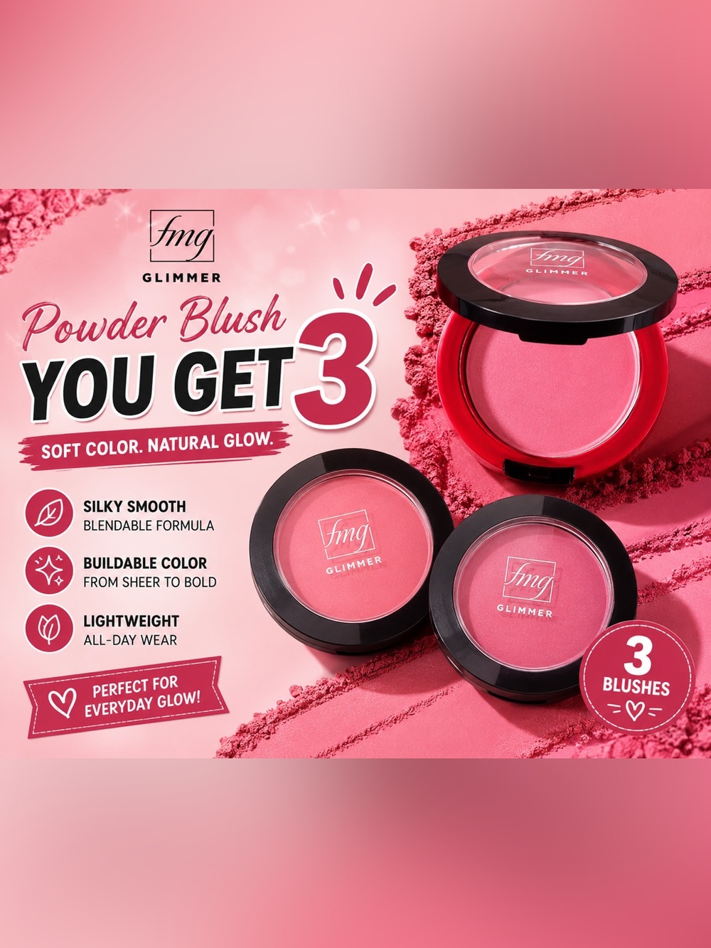 *clearance Now 3 FMG Glimmer Powder Blush Petal Pink New in Box Matte Finish